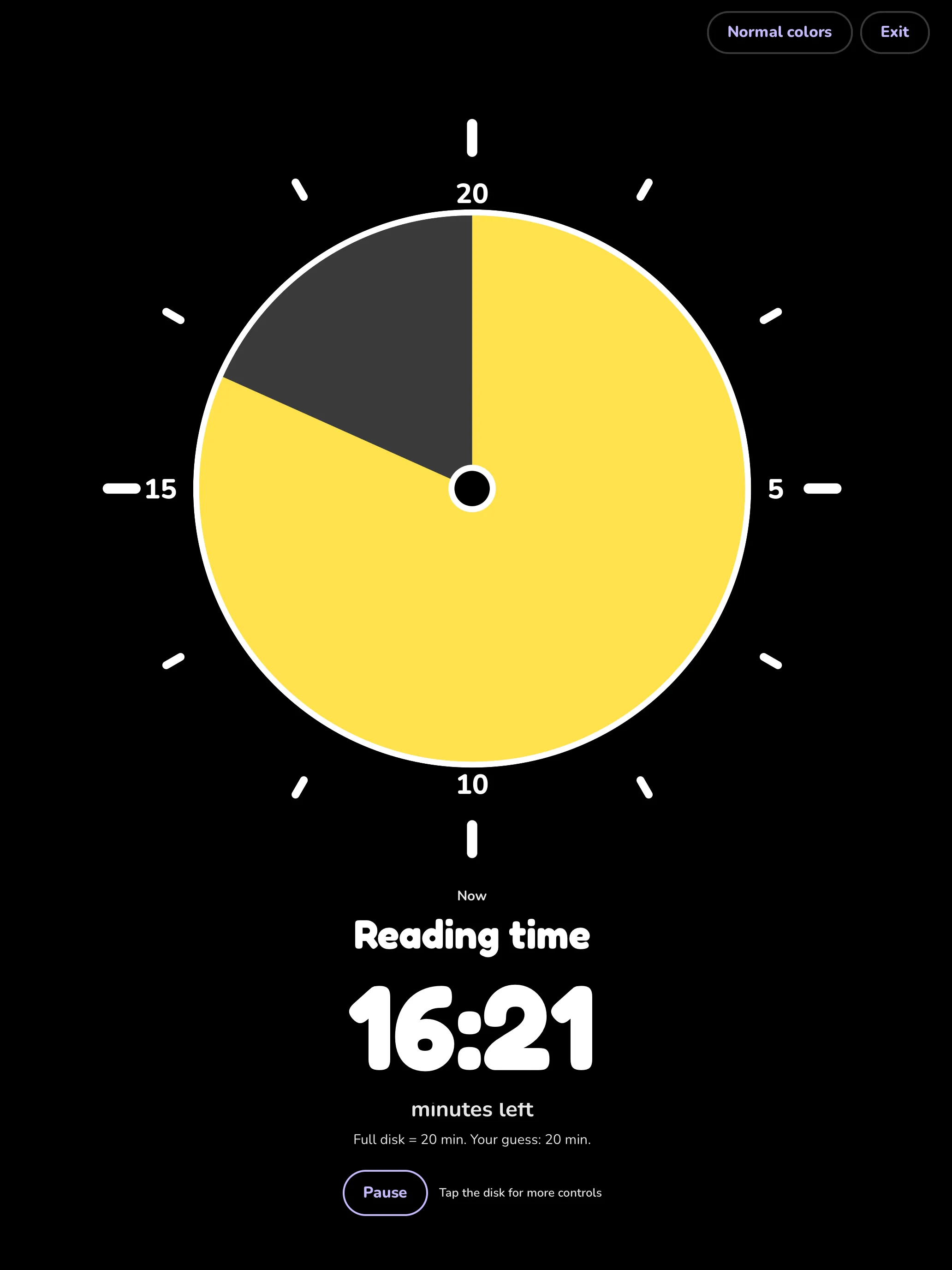 Hourpie classroom mode on an iPad in landscape: a yellow pie on black with large digits.