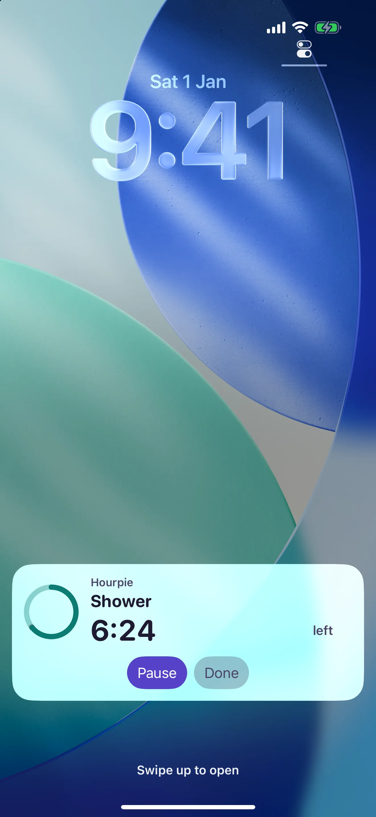 An iPhone lock screen with a Hourpie Live Activity that shows Shower, 6:24 left, and Pause and Done buttons.