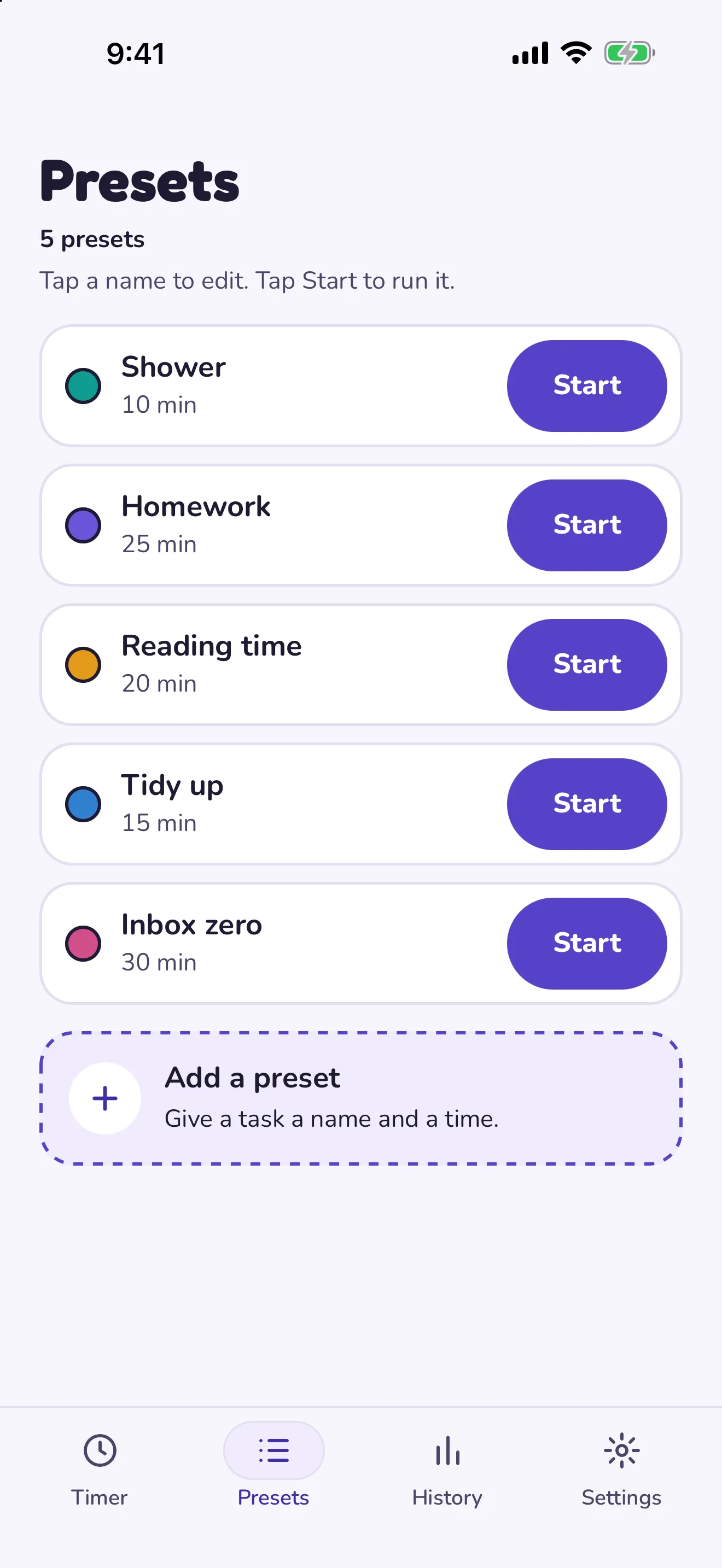 The Hourpie presets screen with Shower, Homework, Reading time, Tidy up, and Inbox zero, each with a Start button.