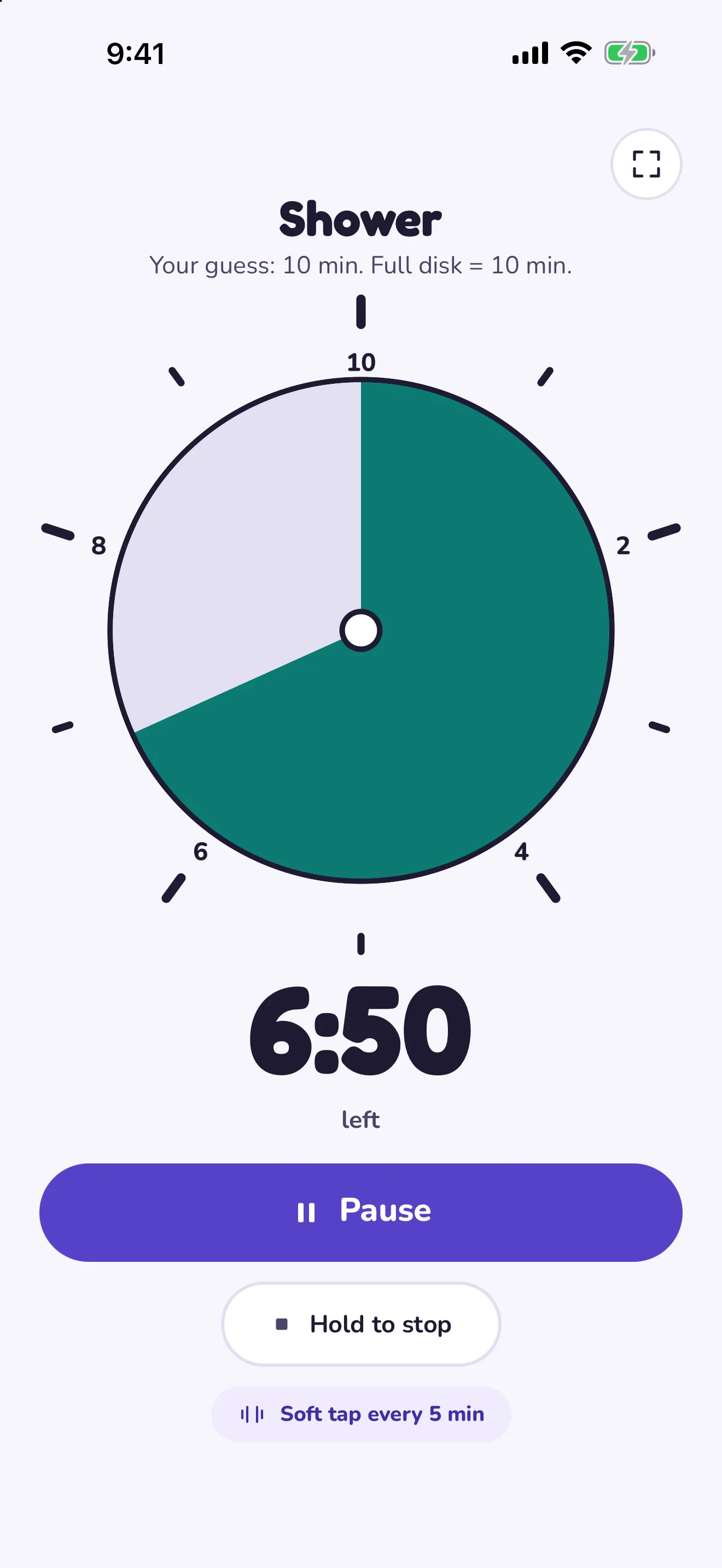 A running Hourpie timer named Shower. A green pie fills about two thirds of the dial, with 6:50 left.